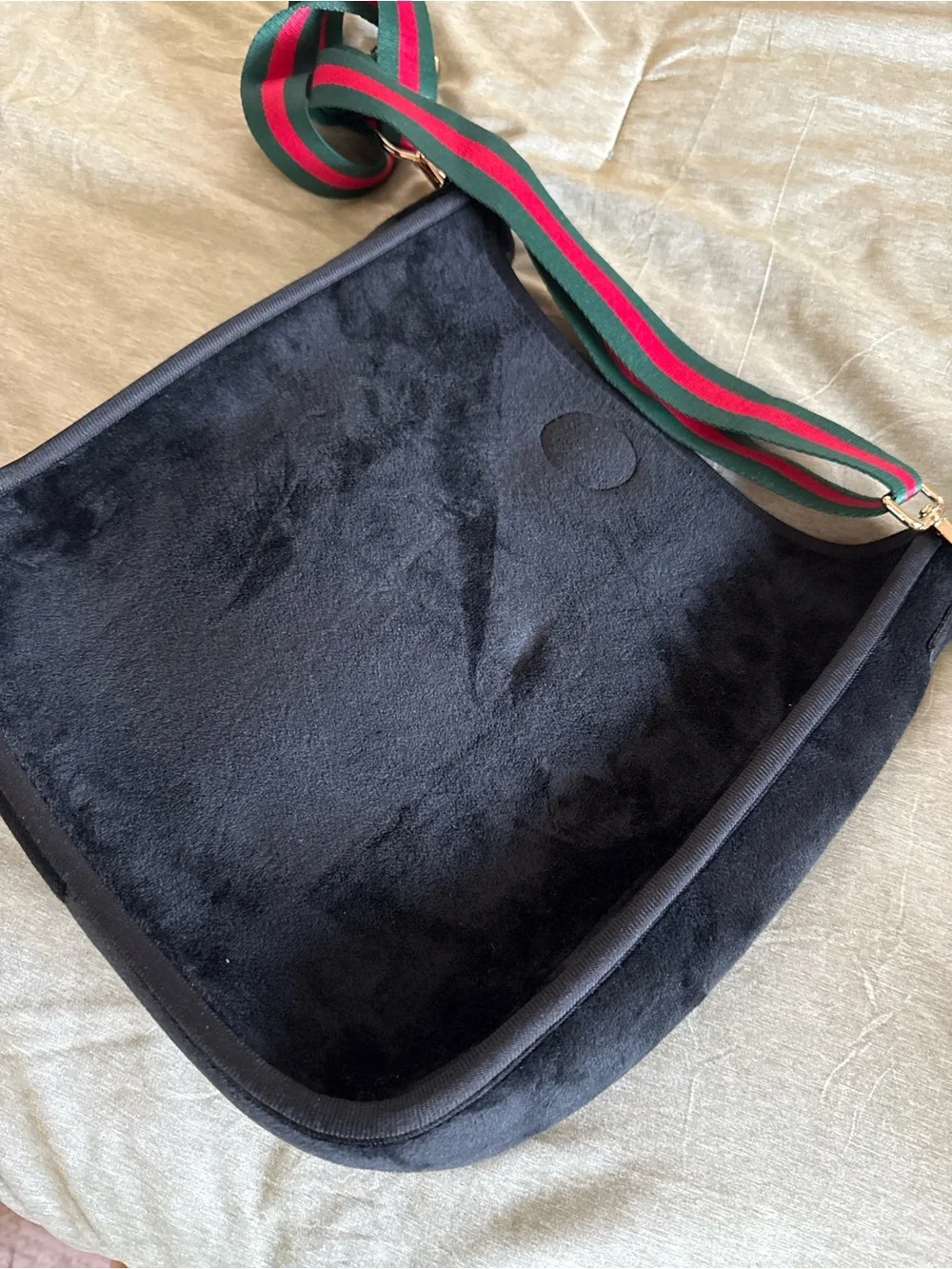 Black Women's Shoulder Bag with Green & Red Stripe Strap